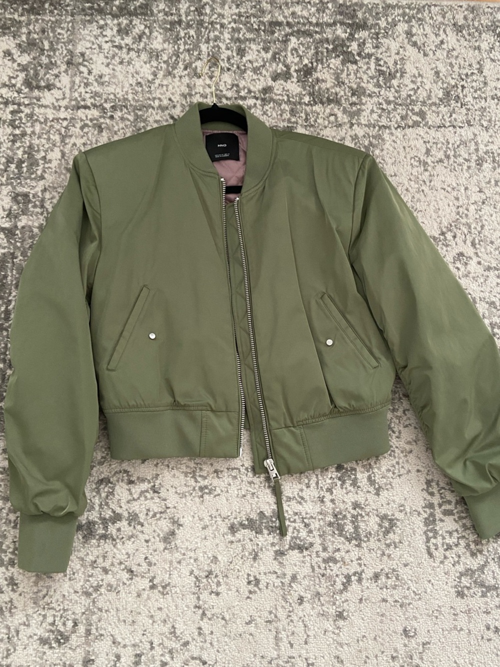 Mango Olive Green Cropped Bomber Jacket